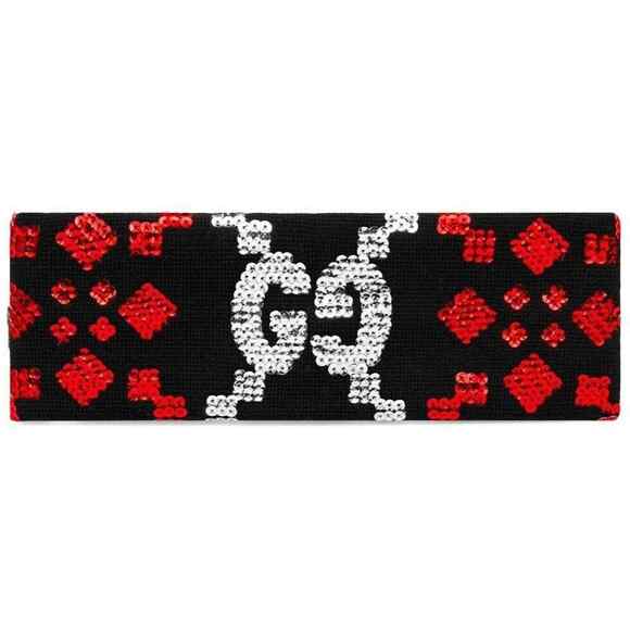 Gucci Accessories - Gucci Black Sequin Silver Red GG Logo Wool Stretchy Headband Hair Small 56cm